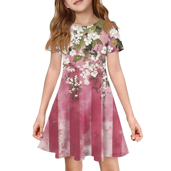 XADYUY Summer Dress for Girls Casual A-Line Short Sleeve Girls Tshirt Dresses Vintage Floral Print Crew Neck Sundresses Flare Swing Skirt with Pockets,7-8Years,Watermelon Red