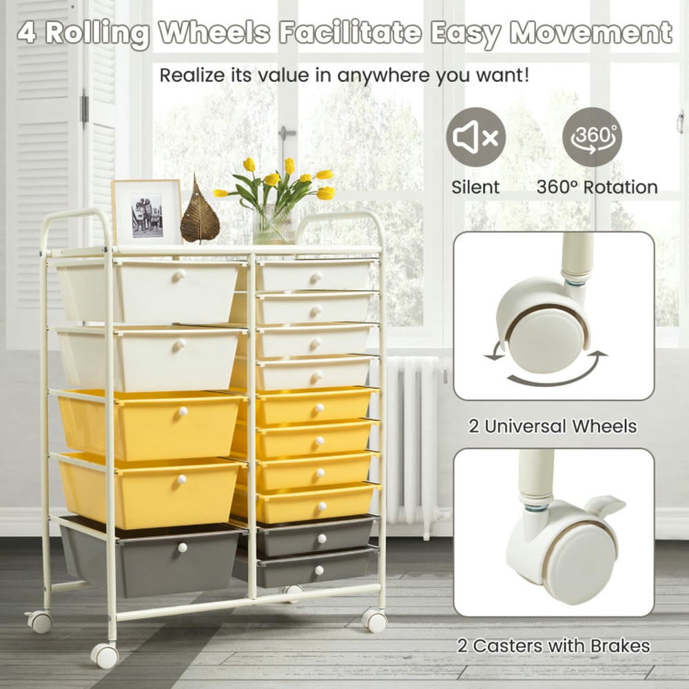 Canddidliike 15-Drawer Storage Rolling Organizer Cart, Craft Organizers and Storage, Multipurpose Organizer Cart for Home, Office, School, Yellow