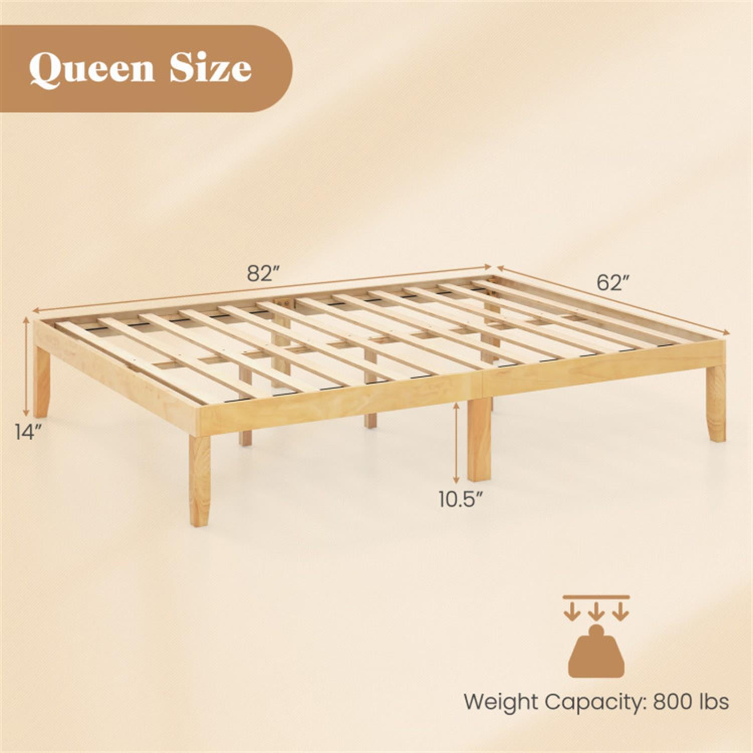 Demi Bonn Queen Size Bed Frame with Wooden Slats Support and Rubber Wood Legs, Acacia Wood Platform Bed Frame with Under Bed Storage, No Box Spring Needed, Beige