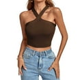 thumbnail image 2 of Wycnly Womens Tank Tops Summer Solid Halter Sleeveless T Shirts Sexy Off Shoulder Slim Fit Knitted Ribbed Going Out Blouses Vest Brown xxl Under $5, 2 of 7