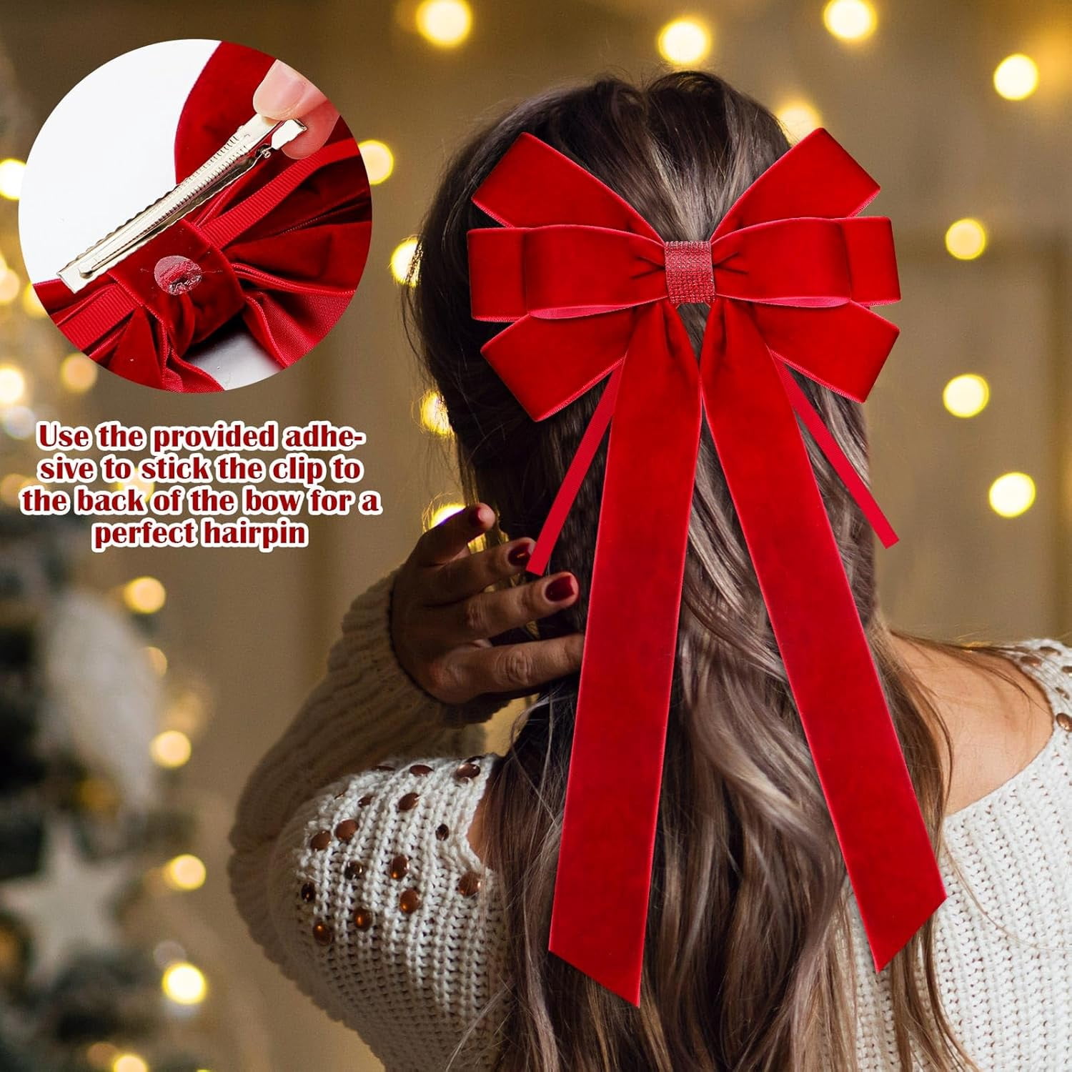 Dalrosia 6PCS Velvet Bows for Christmas Tree Large Velvet Christmas Wreath Bows with Clip Rhinestone Ribbon,Xmas Tree Topper Ornament for Home Indoor Outdoor Decoration
