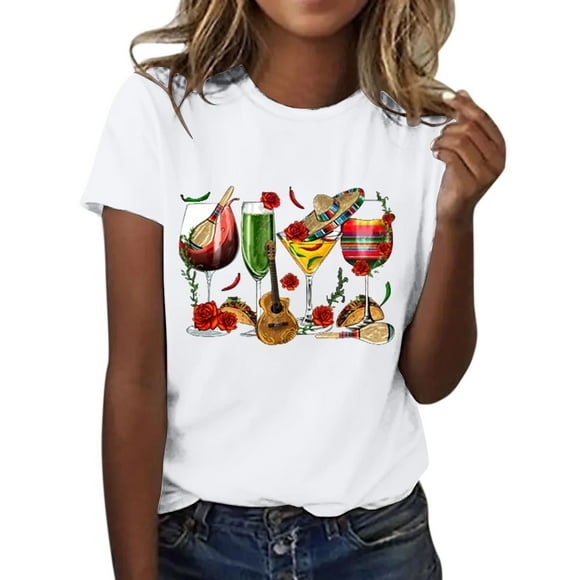 DondPO Women's T-Shirts De Women's Wine Glass Mexican Printed Shirt Short Sleeve Round Neck T Shirt Fashion top Casual Summer Clothing Clothes Shirts for Women Womens tops White M Clearance!