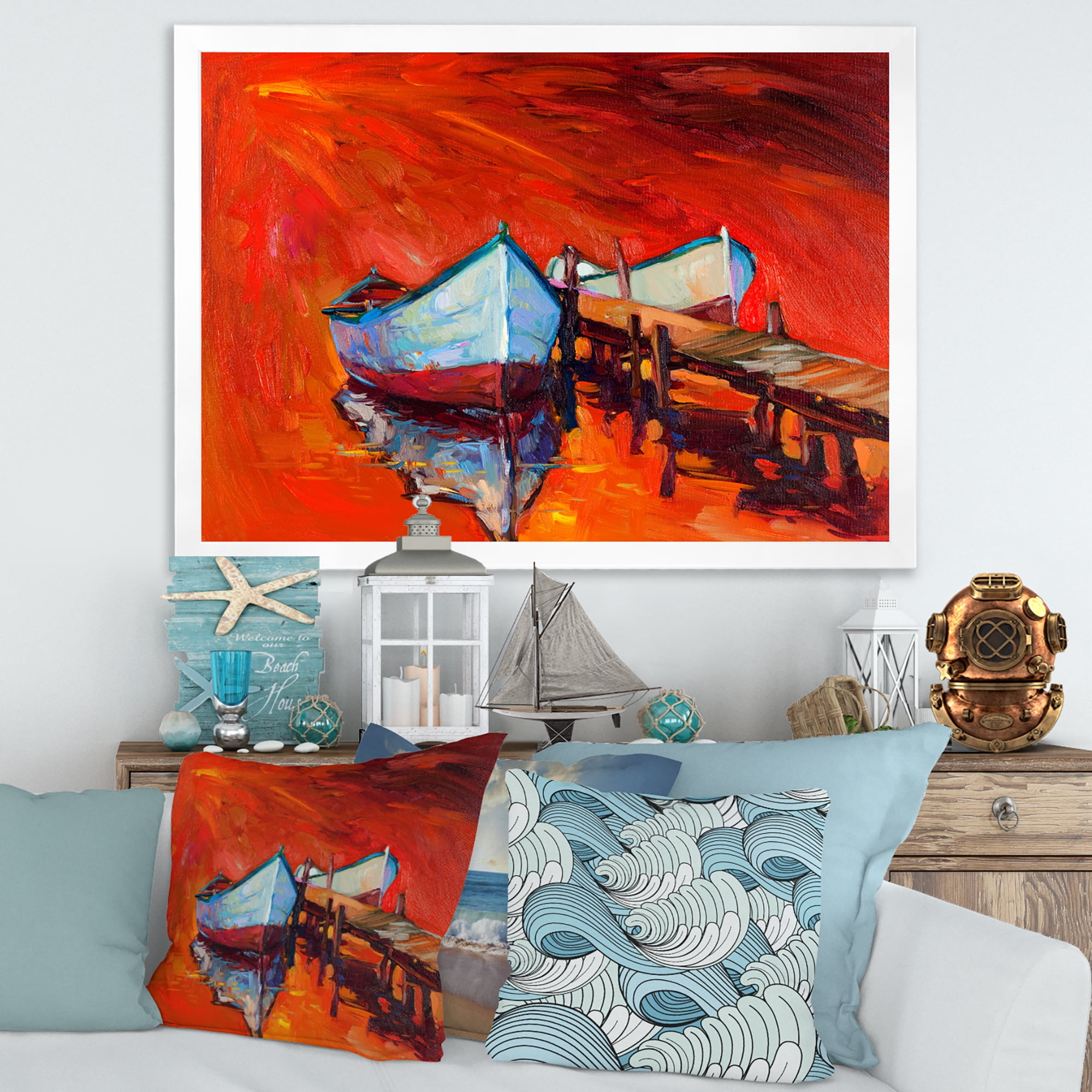 Designart 'Boats Near Coastal Town Resting On The Water IV' Nautical & Coastal Framed Art Print