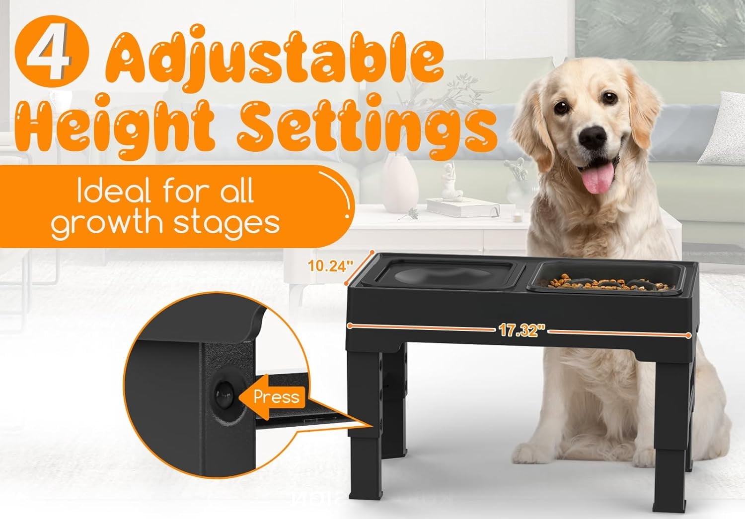 2-in-1 Elevated Slow Feeder Dog Bowls with No-Spill Water Bowl, 4 Height-Adjustable Raised Dog Bowls, Non-Slip Food and Water Bowls with Stand for Small, Medium, Large Dogs, Cats and Pets