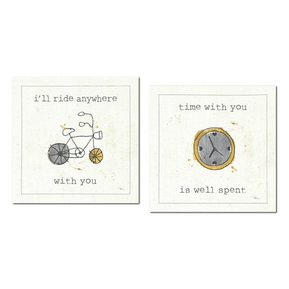 Modern Gray and Yellow Sweet Sentiment Bicycle and Clock Adult Decor; 2- 12" x 12" Unframed Prints