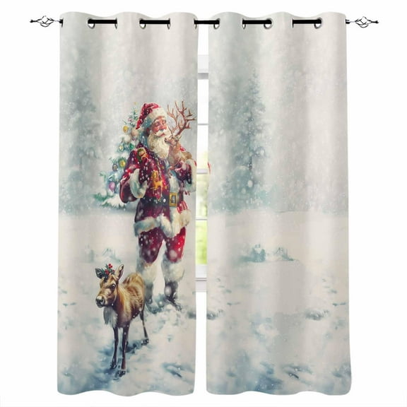 Hokiten Christmas Blackout Curtains | Light Blocking Print Window Curtains, Xmas Santa Deer Snowflake Winter Thermal Insulated Window Drapes for Living Room Kitchen Cafe (2 Panels, 84"W x 63"L)
