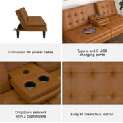 Mainstays Memory Foam Futon with Cupholder and USB, Camel Faux Leather