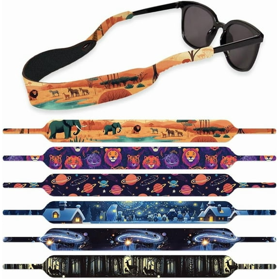 6Pcs Floating Sunglass Straps Lightweight Neoprene Glasses Holder Straps with 6 Different Animals Planets Pattern Colorful Printed Eyewear Retainer diy