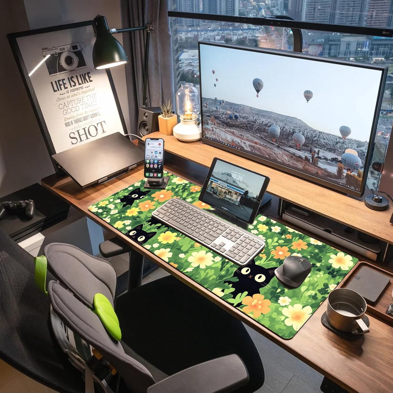 Extended Gaming Mouse Pad, Large Mouse Mat 3 mm Nature Rubber Base Mousepad with Stitched Edges, Non-Slip Desk Mat for Office Home Great Gift 31.5x11.8 Inch (Green Cats)