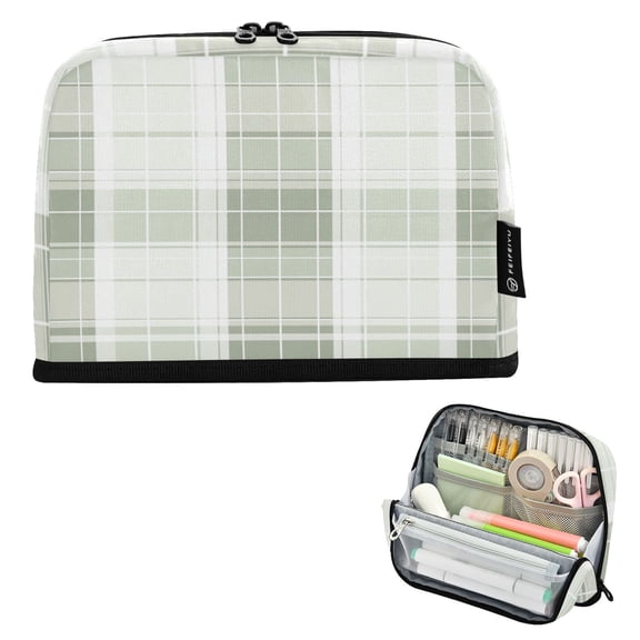 Standing Pencil Case with Base Large Capacity Stationery Pouch Pen Bag with Zipper for Women Men White and Green Plaid