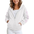thumbnail image 2 of Girls Loose Fit Zip Front Hooded Jacket, Decorative Ribbon Bows Drawstring Hood Sweatshirt, Cozy Solid Color Outerwear White 14-15Years, 2 of 7
