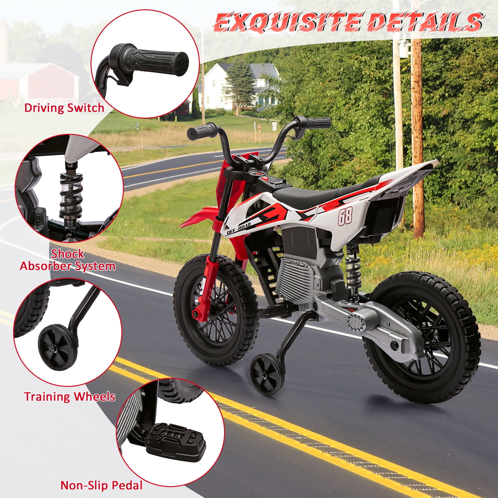 CazToi 12V Kids 3Mph Electric Motorcycle with Training Wheels & Bluetooth Music  for Ages 3-8 Years Old