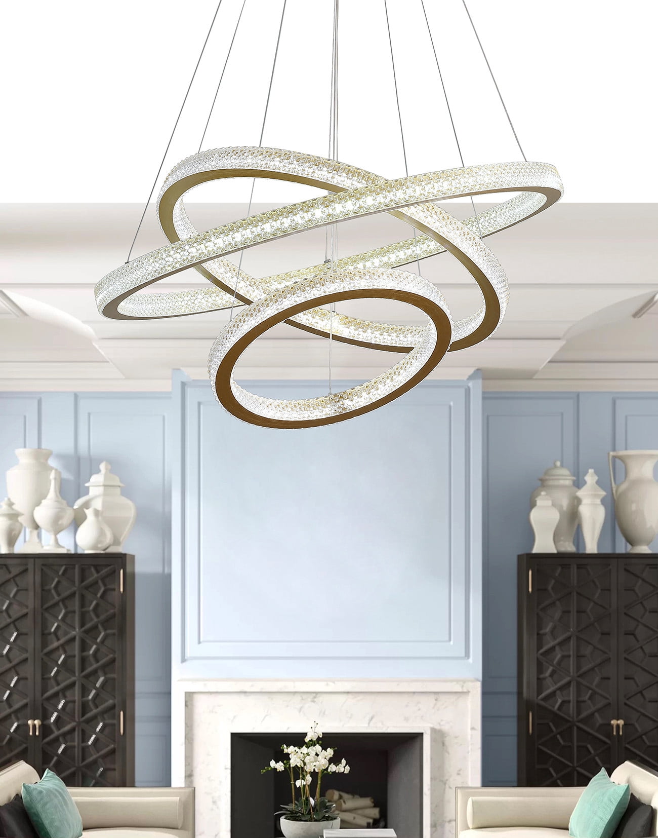 Aiwen Gold Finished 3 Tiered Crystal Rings Linear Chandelier Stylish Pendant Light
