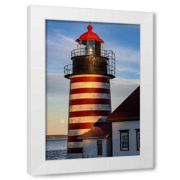 Chuck Haney 4x14 White Modern Wood Framed Wall Art Titled - West Quoddy Head Lighthouse is easternmost point in USA near Lubec-Maine-USA