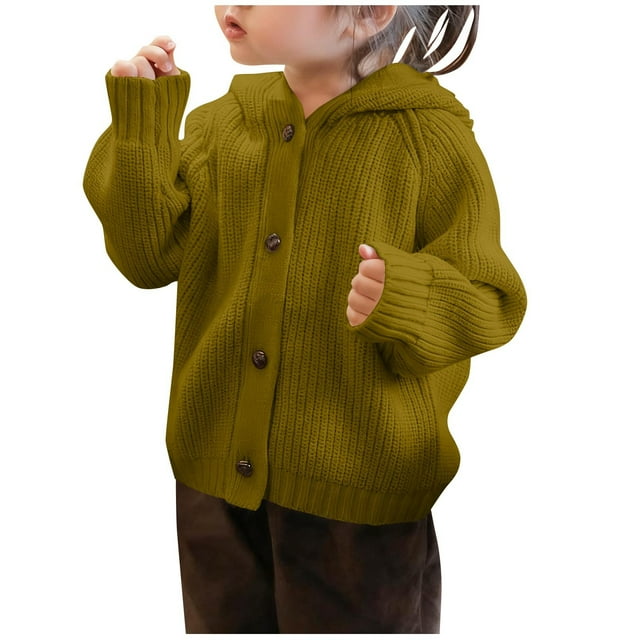 Cardigan Hoodie for Girls Chunky Knit Open Front Sweaters Long Sleeve Cotton Button-Up Sweater Yellow, 11 Y