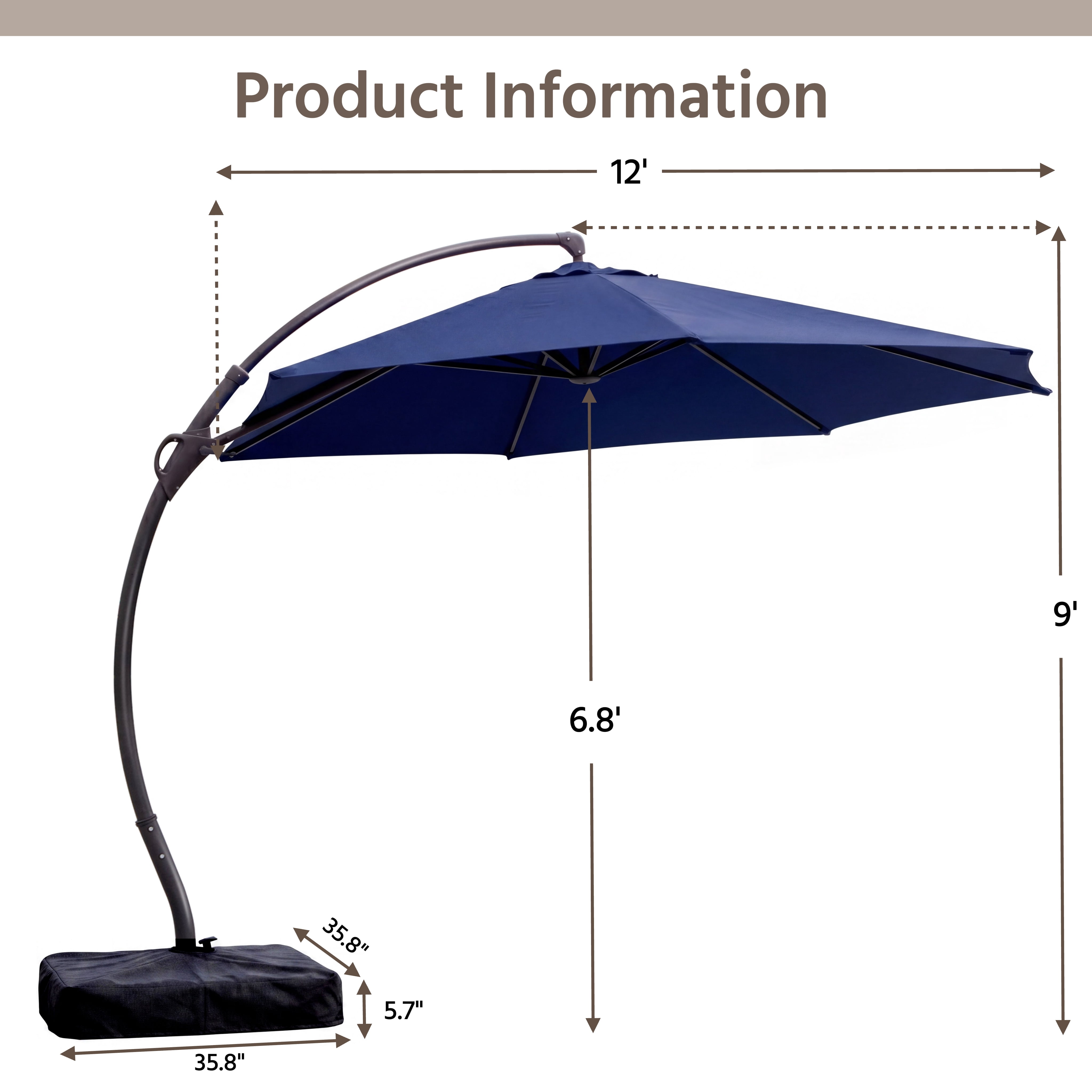 LAUSAINT HOME 12 FT Outdoor Patio Umbrella with Base, Aluminum Cantilever Umbrella with Crank, Navy Blue