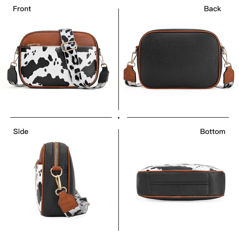 FALAN MULE Women's Leather Crossbody Bag, Cow Print Cell Phone Purse, Triple Zip Pocket, Adjustable Shoulder Strap