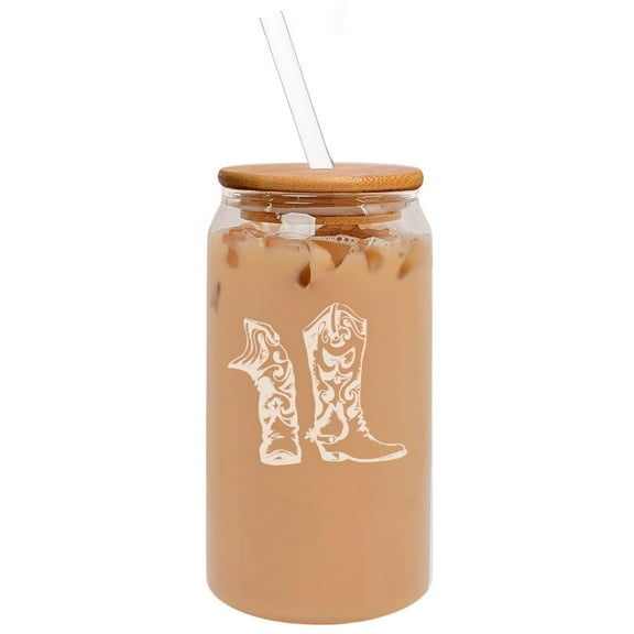 16oz Can Shaped Glass Iced Coffee Cup with Bamboo Lid and Straw Gift Cowboy Cowgirl Boots