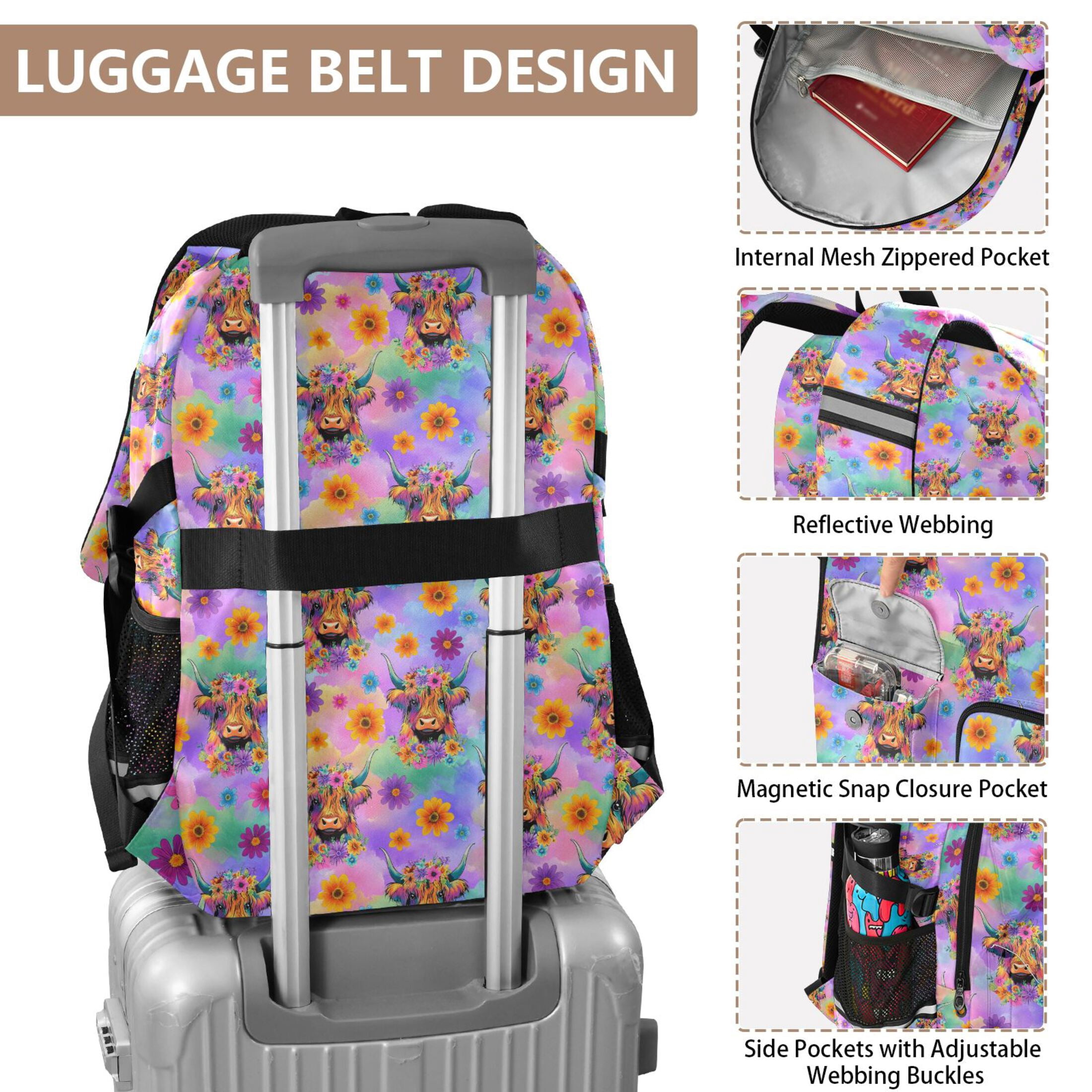 ALAZA Highland Cow Floral Gradient Print Student Backpack School Bookbag Large Laptop Daypack Travel Bag