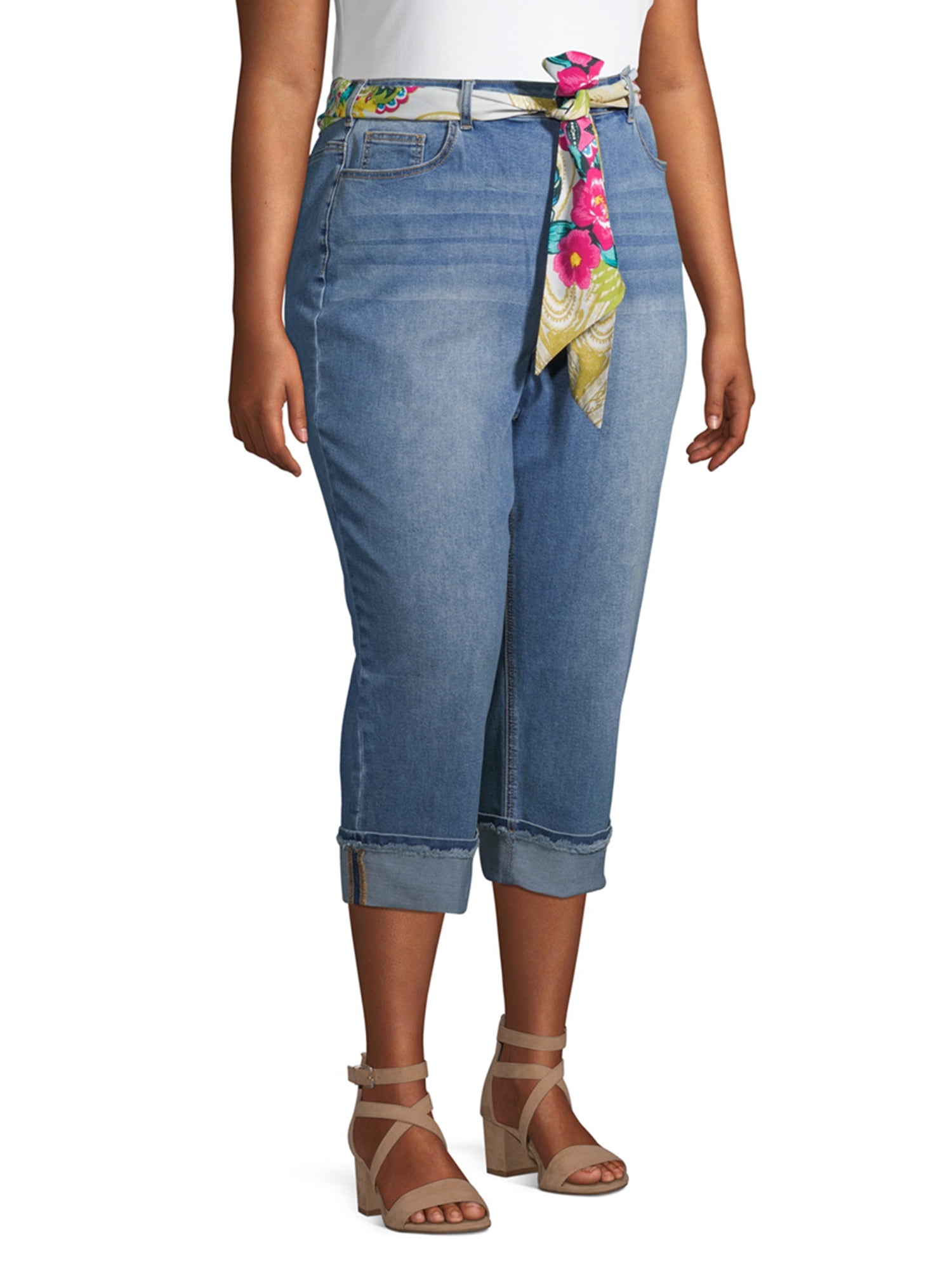 Alivia Ford Women's Plus Size Roll Cuff Denim Capri Jeans with Printed Belt