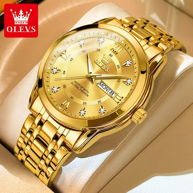 OLEVS Men's Watches Fashion Gold Original Quartz Watch for Man Stainless  Steel Waterproof Luminous Wrist Watch Date Week Roman