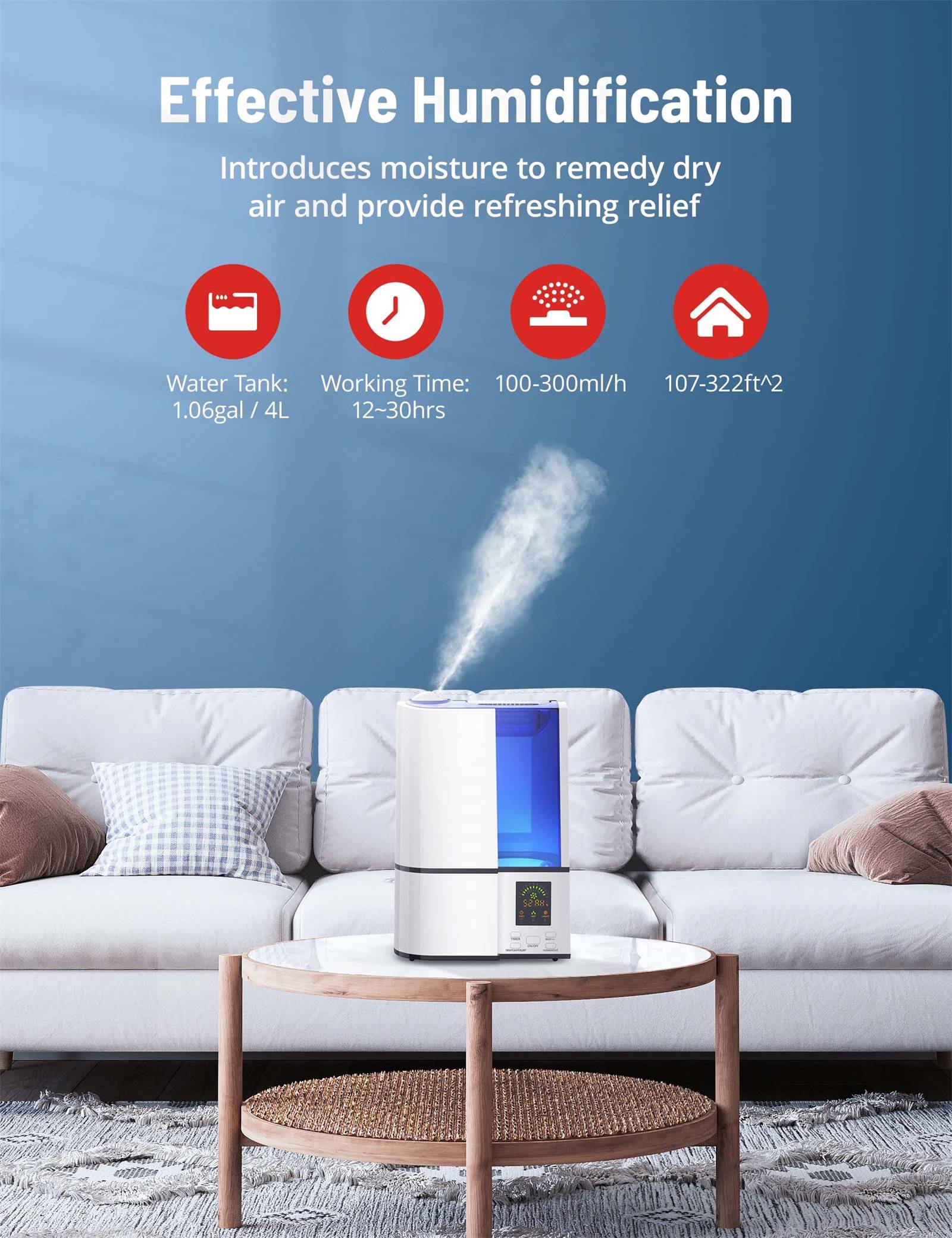 TaoTronics Humidifiers, 4L Cool Mist Ultrasonic Humidifier for Bedroom Home Office - image 3 of 5