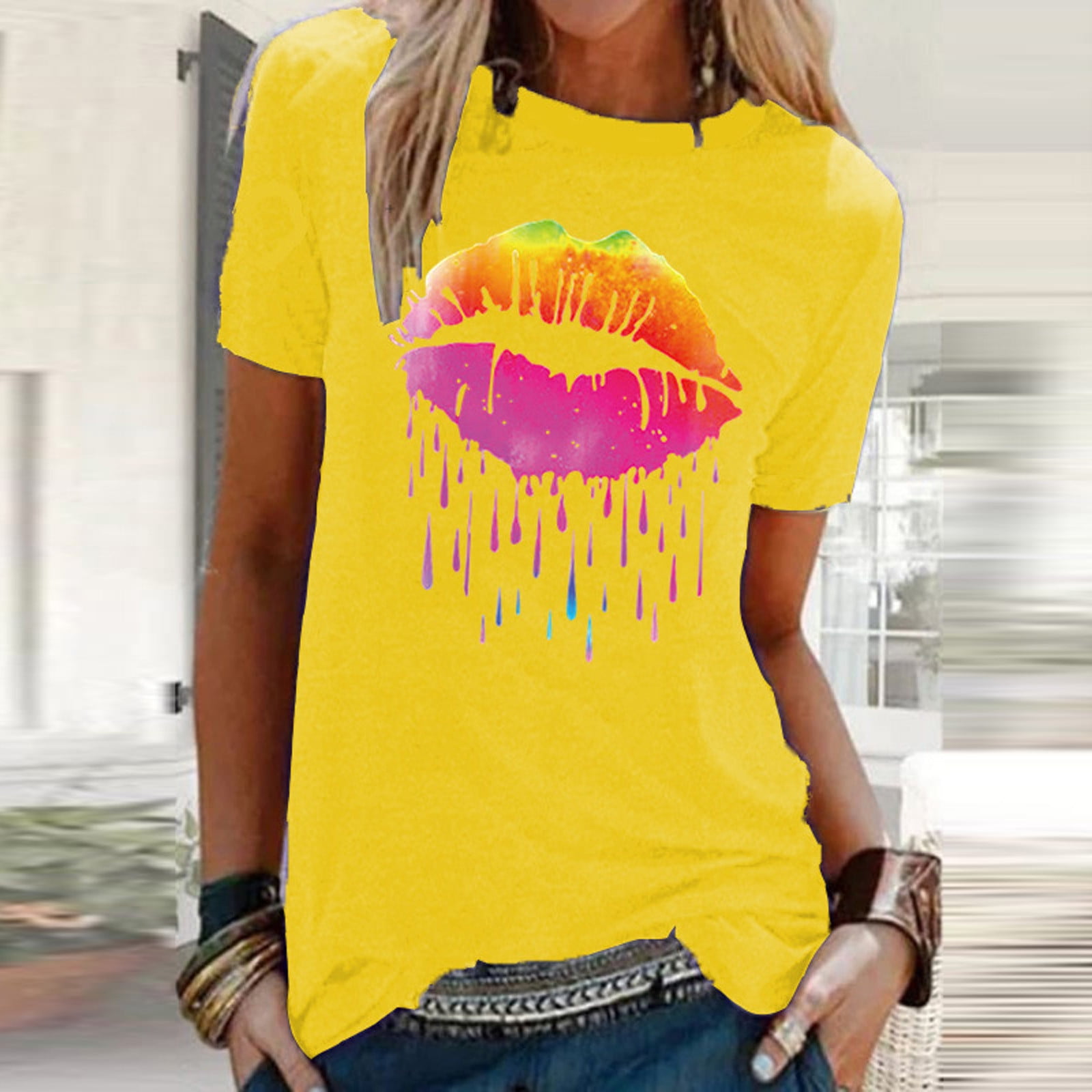 Fashion New Women's Multicolor Print Short Sleeves O Neck Casual T-Shirt Tops