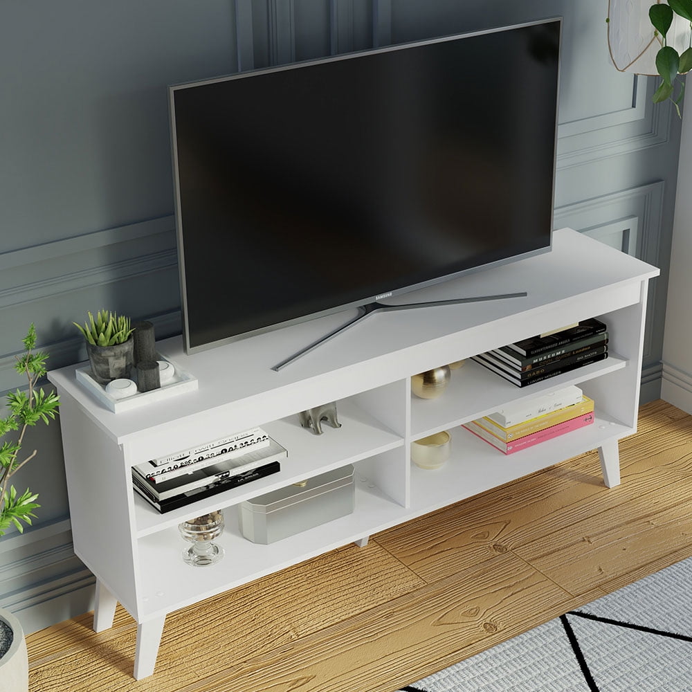 Madesa Compact TV Stand Cabinet with 4 Shelves and Cable Management for 50, 55 Inch TV Media Storage Unit Living Room and Bedroom  Wooden Television Media Console - White