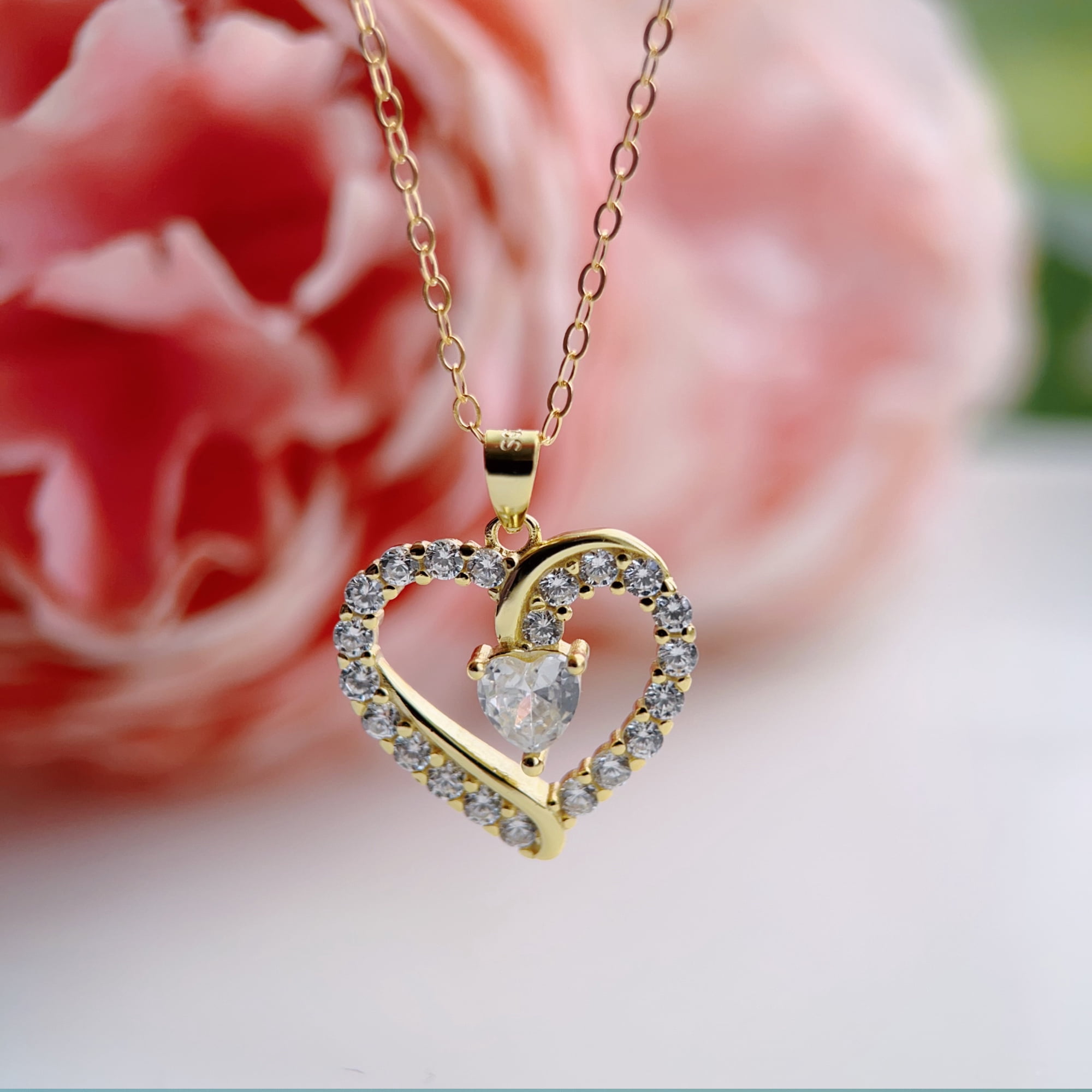 Piswency 14K Real Gold Filled Heart Necklace for Women CZ Love Heart Pendant Necklace with Adjustable Heart Chain for Valentine’s Day, Mother’s Day, Birthday, Handmade Jewelry, Gift for Her