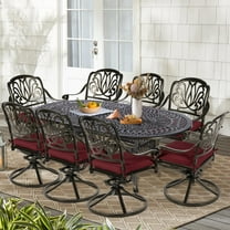 9-Piece Patio Cast Aluminum Dining Set, Outdoor Dining Furniture Set for 8 Person, Includes 84" Oval Table and 8 Swivel Dining Chairs with Umbrella Hole for Patio Deck Garden, Red