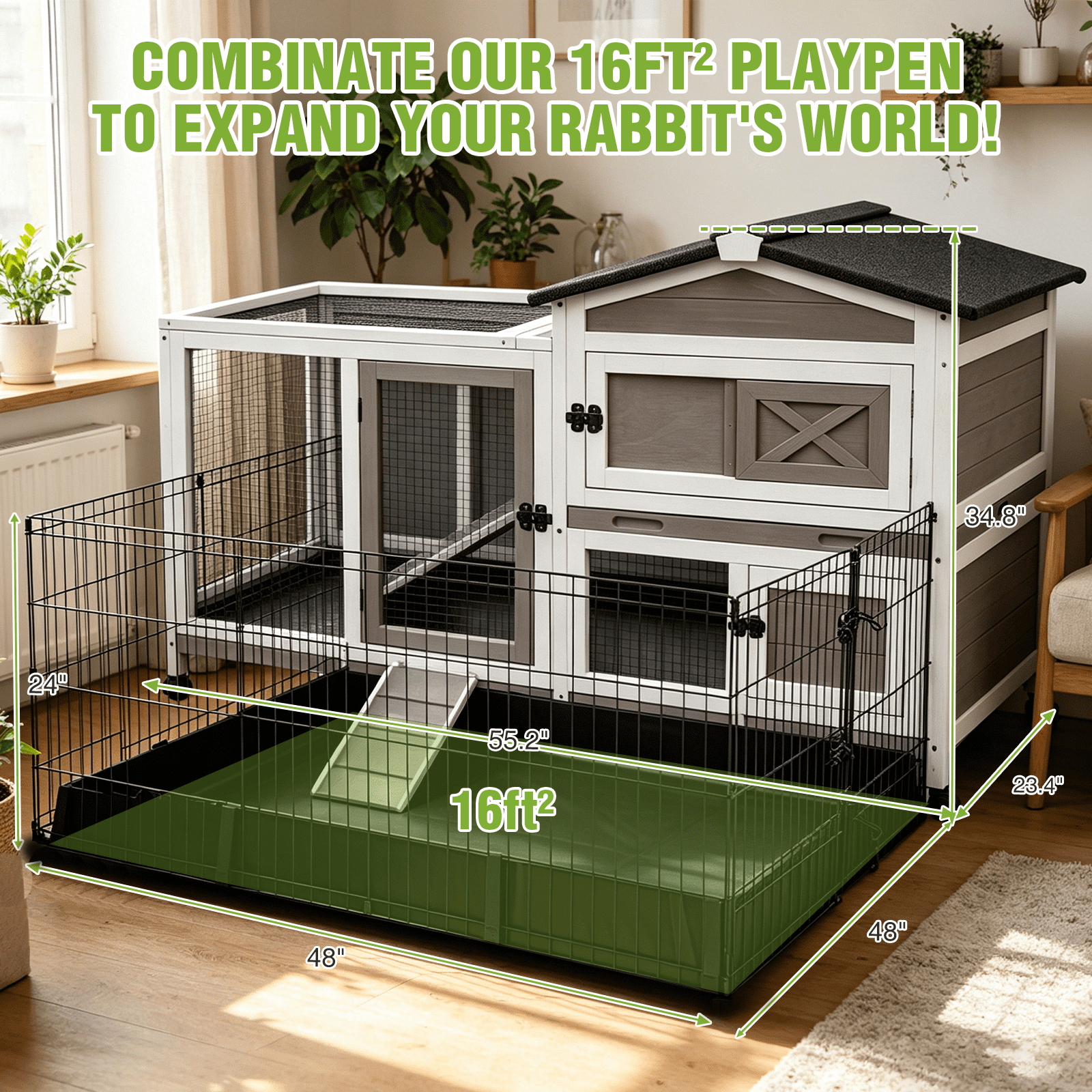 Aivituvin 55.2" Rabbit Hutch Indoor Outdoor, 2-Story Bunny Cage with Chew-Proof Full Metal Frame, 6 Locking Casters, 2 Pull-Out Trays for Rabbits Guinea Pigs Small Pets