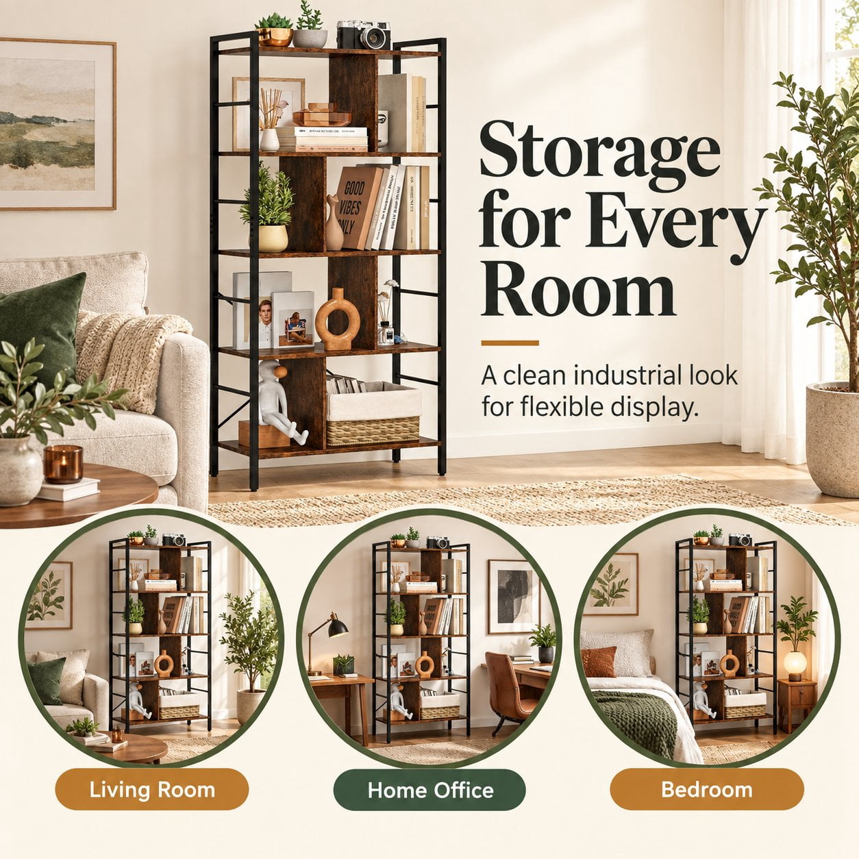 Furnibear 5-Tier Bookcase 61 Inch Tall Industrial Bookshelf with Metal Frame and Anti-Tip Anchors for Living Room Home Office Bedroom, Rustic Brown