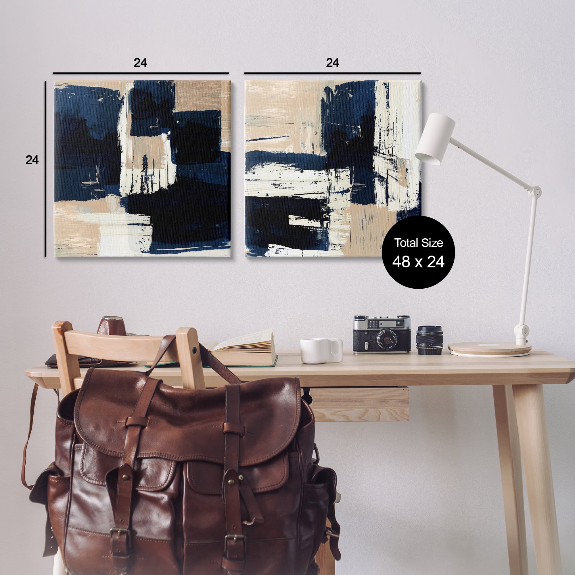 Stupell Industries Abstract Navy Neutral Abstract Painting Wrapped Canvas Art Print Wall Art, 24 x 24, Set of 2