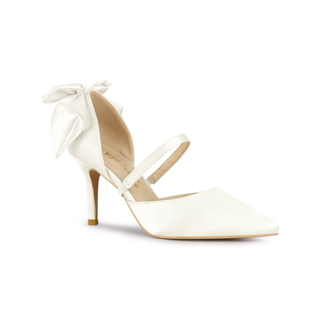 BLISSFUL STEP Women's Shoes Satin High Heel Pumps Bow Decor Pointed Toe Slip-On Shoes White 6