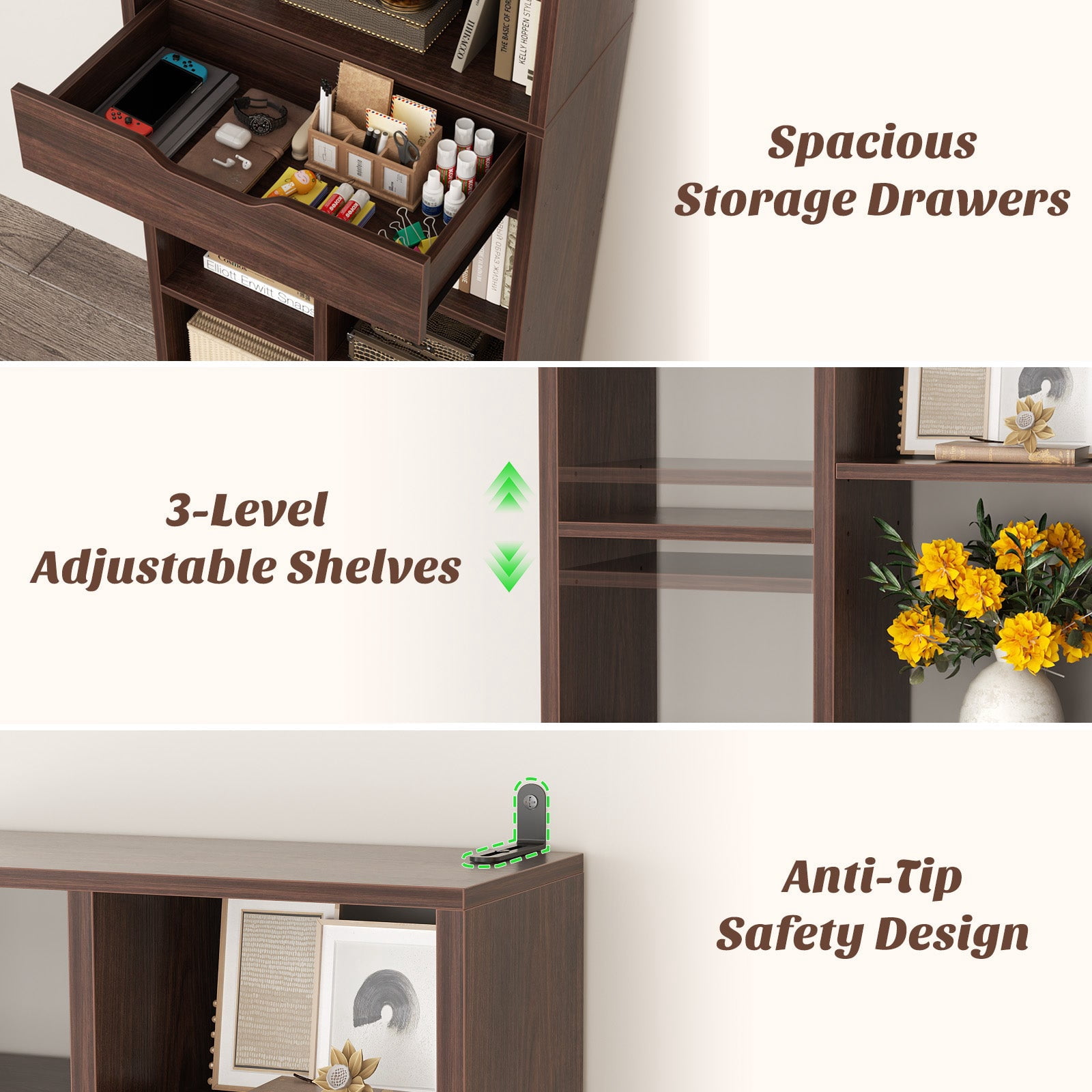 iSunirm 73.6'' Tall Cube Bookcase with Drawer, 10-Tier Bookshelves with Adjustable Shelves, 19.7 '' Width Display Shelf for Living Room, Home Office, Walnut