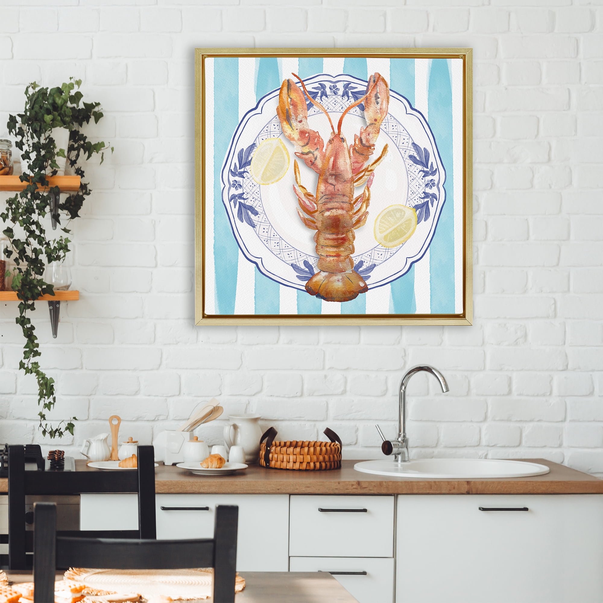 Stupell Industries Lobster Seafood Plate Gold Framed Floater Canvas Wall Art, design by Christie Adams