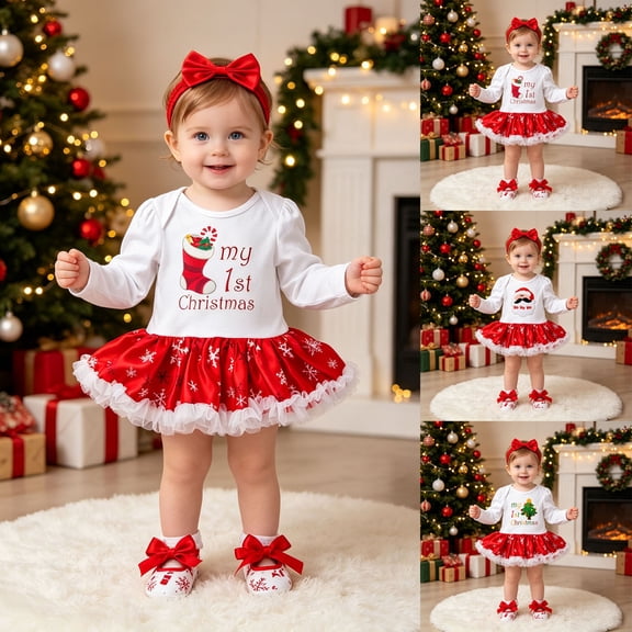 Baby Girls Long Sleeve Tutu Dress Set Snowflake Print Ruffle Hem Skirt with Bow Headband Festive Party Outfits