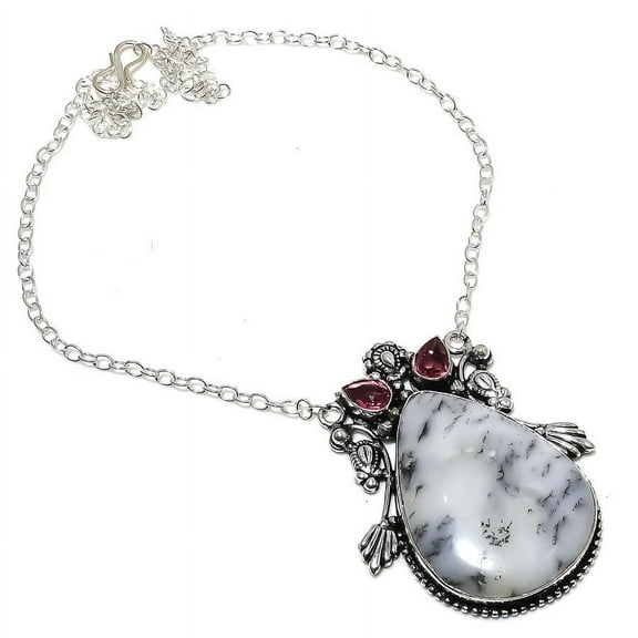 Natural Dendrite Opal, Kunzite Gemstone 925 Sterling Silver Necklace 18"