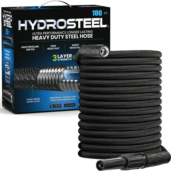 Hydrosteel 3x Layer Metal Garden Hose 100 Foot,Heavy Duty Stainless Steel Flexible Metal Garden Hose