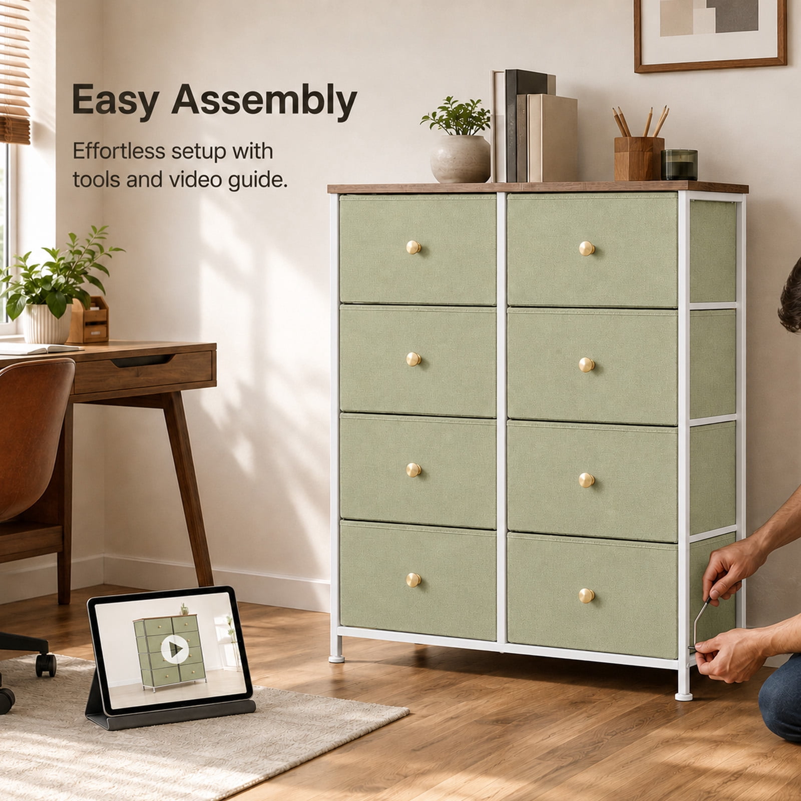 Alvantor 8/9 Drawer Fabric Dresser, Storage Tower for Bedroom and Closet, Chest of Drawers with Sturdy Steel Frame & Wooden Top for Living Room, Entryway