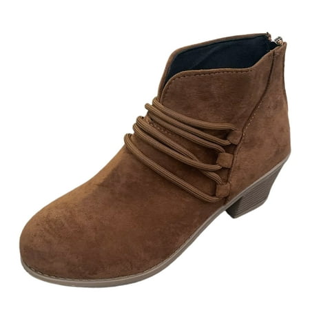 OJSFQUFP Womens Shoes Winter Warm Boots Fashion Women Suede Autumn Square Heels Zipper Solid Short Booties Round Toe Shoes Gothic Shoes Brown 40