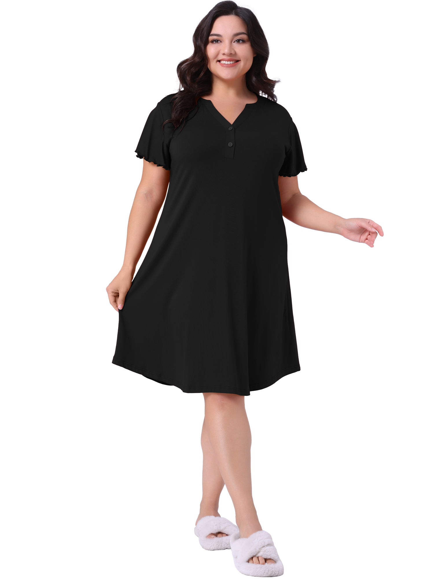 DARING DIVA Women's Plus Size V Neck Ruffle Short Sleeve Nightgowns 4X Black