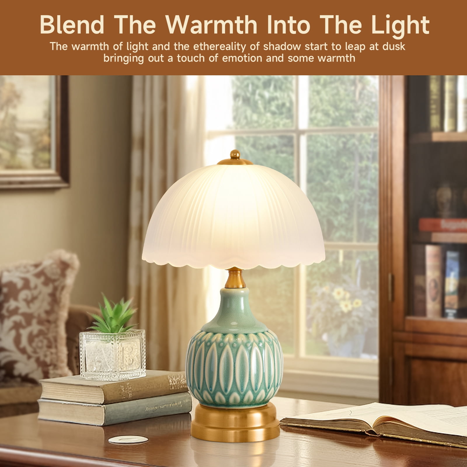 Table Lamps for Bedroom Vintage Golden Table Lamps for Bedroom Ceramic Retro Lamp for Living Room,16" Modern Bedside Nightstand Traditional Lamps, Classic Chinoiserie Green Glass Lamp for Home Decor