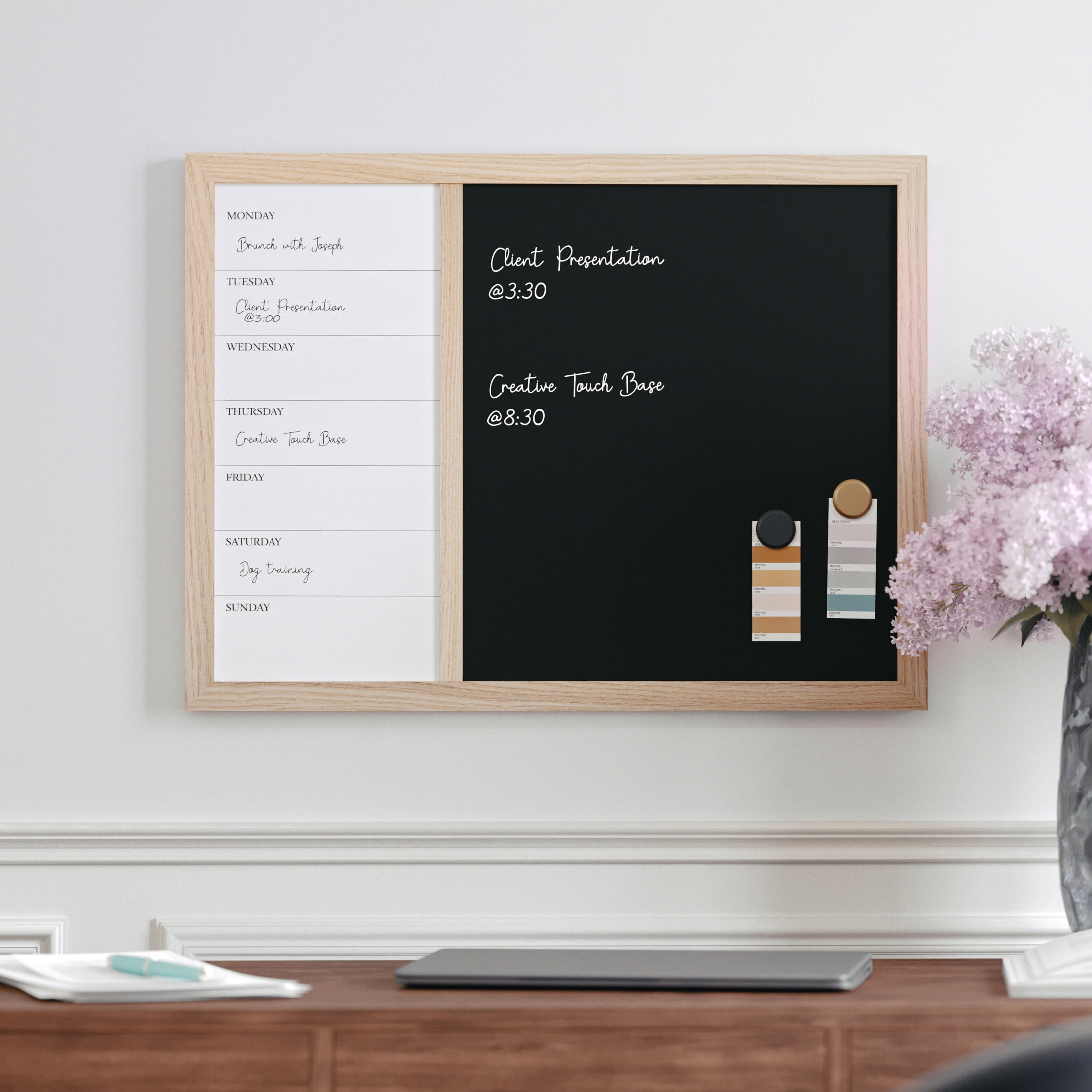 Martha Stewart Everette 24"x18" Magnetic Weekly Calendar Dry Erase Board and Chalk Board with Liquid Chalk Marker and Magnets, Light Natural Woodgrain Frame