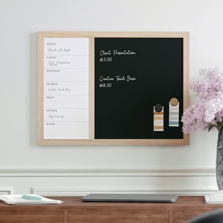 Martha Stewart - Everette Dry Erase Magnetic Weekly Calendar/Chalk Board-24x18 - Light Natural Woodgrain