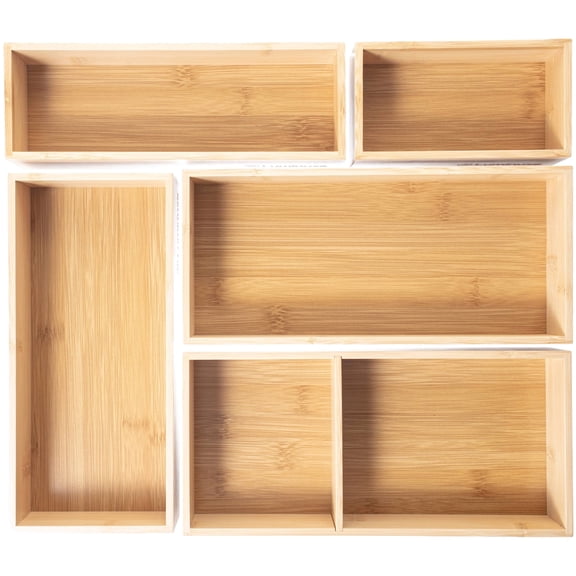 Bamboo Drawer Organizer Set, 5 Piece Non-Slip Versatile Storage Trays for Kitchen Utensils, Bathroom Essentials, Makeup & Jewelry Drawer Organizer Set
