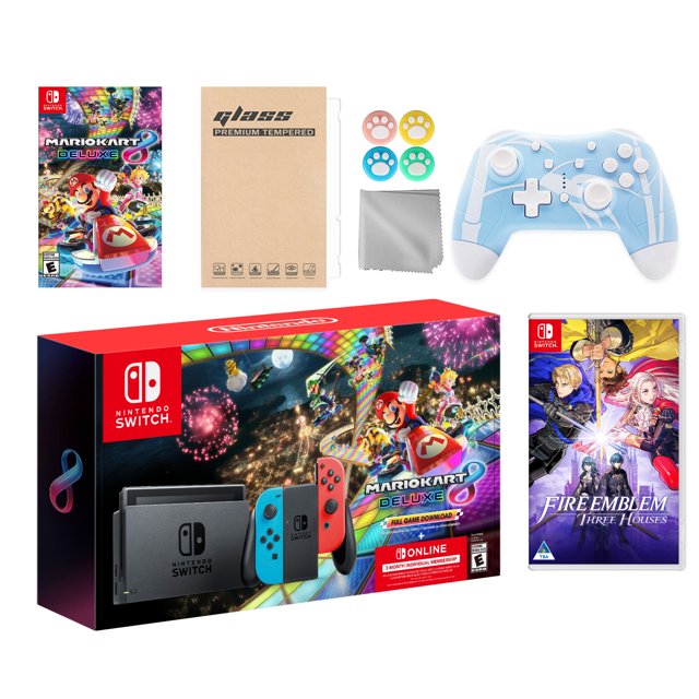 Nintendo Switch Mario Kart 8 Deluxe Bundle: Red/Blue Console, Mario Kart 8 & Membership, Fire Emblem: Three Houses, Mytrix Wireless Pro Controller Blue Bamboo and Accessories