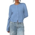 thumbnail image 3 of Women'S Button Down Long Sleeve Crewneck Crop Cardigan Sweater Cute Knitwear Clothes Sky Blue XL, 3 of 9