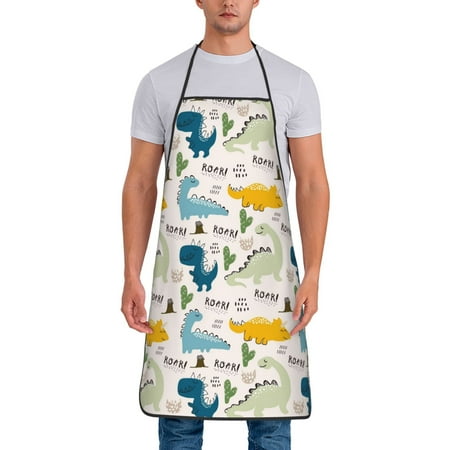

Uemuo Childish Dinosaur Printed Bib Apron Adjustable Water and Oil Resistant Cooking Kitchen Chef Apron for Women Men
