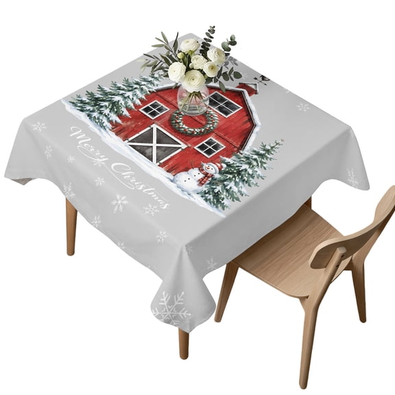 Waterproof Tablecloth Christmas Tree Snowman Snowflake Square Table Cloth 54x54in,Wipeable Washable Table Cover Winter Red Barn on Gray Tablecloths for Dining Tables Kitchen Picnic Outdoor Party